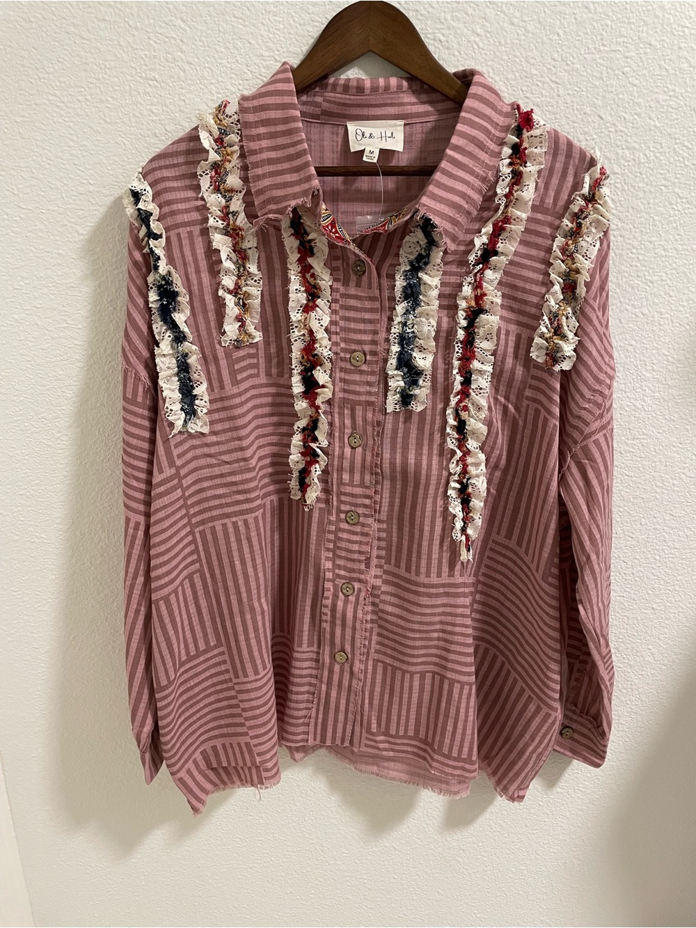 Oli & Hali Pink Striped Button-Front Top with Floral Trim NEW